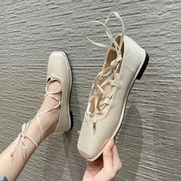 Casual Shoes 2024 Luxury Satin Cross-tied Flats Woman Ballerina Moccasins Ins Sneakers Women Square Toe Lace Up Loafers Plus Size 34-43