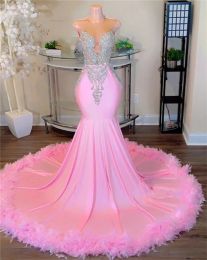 Sweety Pink Feathers Mermaid Prom Dresses For Black Girls Sliver Crystal Beaded Cocktail Gowns Sexy Sparkly robe de bal