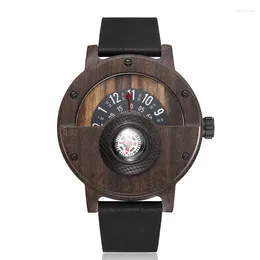 Wristwatches Compass Turntable Wooden Watch Men Cowhide Leather Strap Handmade Natural Wood Watches Quartz Sports Gifts Relogio