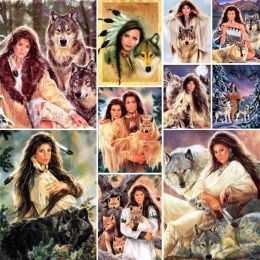 Number Indian Woman Wolf Colouring By Numbers Painting Set Oil Paints 50*70 Boards By Numbers Wall Paintings Crafts For Adults Wall Art
