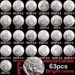 63pcs USA Full Set Walking Liberty Coins Bright Silver Silver plated copper copy coin226s