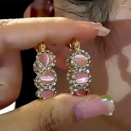 Dangle Earrings Zircon Surrounded Pink Opal Flower For Women Cute Fashionable Elegant Daily Accessories Party Jewellery Birthday Gifts