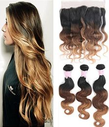 Body Wave Human Hair Weaves Indian Virgin Hair Ombre 3 Bundles With Lace Frontal Cosure Three Tone 1B 4 27 Hair Weft5030224