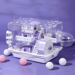 Cages Pet Hamster Cage Acrylic Transparent Purple Oversized Double Deck Villa Suitable for Guinea Pig Small Animals Feeding Supplies