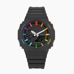 Men's Sports Rainbow Black Digital Quartz 2100 Watch World Time Full Function Waterproof LED Automatic Hand Raising Light Oak Series