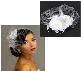 2015 Bird Cage Net Women Wedding Bridal Fascinator Face Veil Feather White Flower with Comb Dress Fashion Accessories7640151