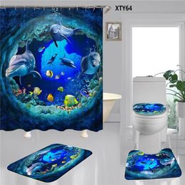 Modern Bath Shower Curtain Set 3D Printed Dolphin Bathroom Curtains Tide Home el Toilet Seat Cover269Q