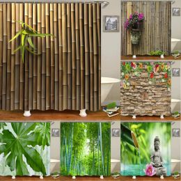 Curtains High Quality Green Bamboo Fabric Shower Curtain Waterproof Plant leaves Bath Curtains for Bathroom Decorate with 12 Hooks