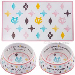 Designer Dog Bowls and Placemats Set Food Grade Non-Skid BPA- Chip-Proof Tip-Proof Dishwasher Safe Malamine Bowls with Fun Bra259U