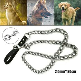 Dog Collars & Leashes Heavy Duty Metal Chain Lead With Leather Handle Long Strong Control Leash Outdoor Pet Traction Rope Anti Bit236V