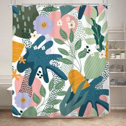 Curtains Abstract Leaves Shower Curtain Aesthetic Tropical Boho Floral Colorful Flower Plant Modern Cute Pink Green Fabric Bathroom Decor