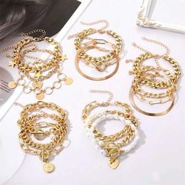 Bangle FNIO Trendy OT Buckle Chain Bracelet Set For Women Gold Colour Link Chain Bangle Female Fashion Jewellery GiftL2403