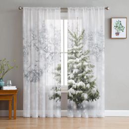 Curtains Christmas Snow Christmas Tree Tulle Curtain for Living Room Bedroom Christmas Decoration Window Voiles Tulle Curtain