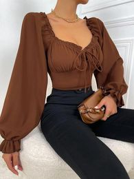 Women's T Shirts Women V Neck Tie Front Crop Top Long Sleeve Ruffle Trim Slim Fit Cropped Shirt Causal Solid Color Drawstring Blouse