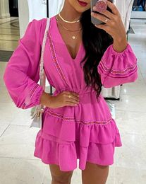 Casual Dresses Women's V-Neck Tape Patch Layered Ruffles Mini Dress Temperament Commuting Summer Female Fashion Long Sleeve