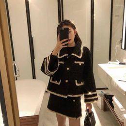 Work Dresses Fall Winter Fashion 2 Piece Set Women Short Woolen Tweed Jacket Coat & Bodycon Mini Skirt Ladies Vintage Sets Outfits 2024