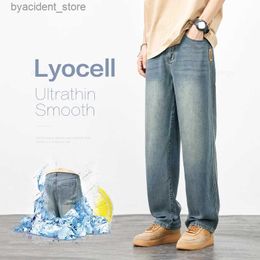 Men's Jeans Brand Clothing Spring Summer Cosy Soft Lyocell Fabric Mens Jeans Loose Wide Leg Pants Elastic Waist Casual Trousers Plus Size L240313
