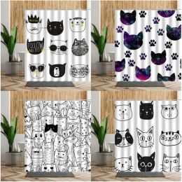 Curtains 3D Cartoons Black White Cat Bathroom Waterproof Shower Curtain Simple Footprint Curtains Set Bathtub Screen With Hooks