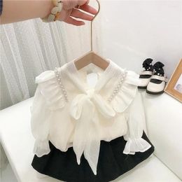 Clothing Sets Children Girls Spring Autumn Sweet Pearl Chiffon Bow Shirt Doll Thin Korean Style And Skirt Set