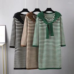 Casual Dresses Autumn And Winter O-Neck Short Sleeve Stripes Dress Women Threads Knit Basic Green Striped Female Loose Fashion R48