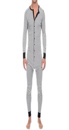 2020 Sexy Men Button Jumpsuit Contrast Striped Bodysuit Homewear Round Neck Long Sleeve Bodysuit Nightwear Long Sleeve Pajamas7645533