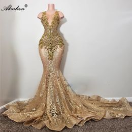 Shiny Lace Sheer Jewel Fromal Prom Dresses Luxurious Beading Rhinecrysyals Sexy Mermaid Ladies Prom Party Gowns