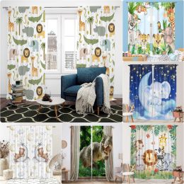 Curtains Cartoon Animals Curtains for Girls Boy Baby Safari Animal Thin Window Curtain Living Room Jungle Lion Elephant 3D Print Drapes