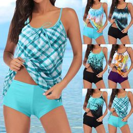Women's Swimwear Summer Printed Fashion 2 PC Women Lace Up Casual Swimsuits With Boyshorts Split Beachwear Female Conservative Tankinis
