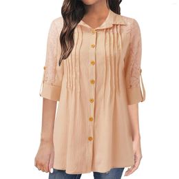 Women's Blouses 2024 Half Sleeve Lace Lapel Splice Shirt For Woman Soild Color Button Up Top Casual Comfortable Chemise Femme