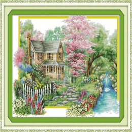 Flowers villa home decor painting Handmade Cross Stitch Embroidery Needlework sets counted print on canvas DMC 14CT 11CT207V