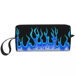 Cosmetic Bags Custom Blue Fire Racing Flames Toiletry Bag For Women Makeup Organiser Lady Beauty Storage Dopp Kit Box Case