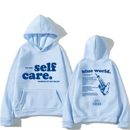 Macc Self Care Blue World Letter Print Hoodies Fleece Sweatshirts Y2k Tops Long Sleeve Sweater Sense of Design Pullovers 240227