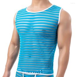 Men's Tank Tops Sexy Mens Stripe Mesh See Through Sleeveless T-shirts Lounge Home Undershirts Male Vests Gym Fitness Sports Tees