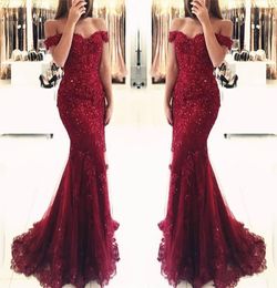 Wine Red Burgundy Prom Dress Lace Mermaid Appliques Offtheshoulder Evening Dresses 2019 Vestido De Festa Beaded Sequins Long Pro1173991