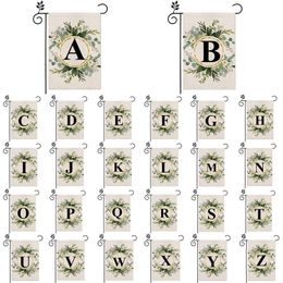 26 letters ABC and green plant printing Linen welcome garden flag First letter of family name Flag hanging at the gate of the courtyard outdoor yard P292