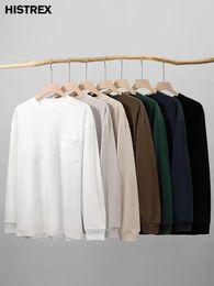 250 gsm 8.8 oz 100% Cotton Plain Long Sleeve T shirt With PocketSpring Fall Oversized Tee MenUnisex Loose Hip Hop Tshirt Women 240307