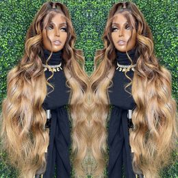 13x4 Glueless Highlight Body Wave Lace Front Wig 40 Inch Transparent 4/27 Ombre Honey Blonde Colored Human Hair Wigs for Women