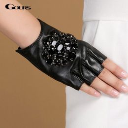 Gours Winter Genuine Leather Gloves Women Fashion Brand Black Stone Driving Fingerless Gloves Ladies Goatskin Mittens GSL040 20110275C
