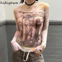 Women's T Shirts Harajuku Fashion Tshirts Crop Tops Korean Vintage Tunic Long Sleeve Tees 2024 Ropa Mujer Patchwork Gauze Casual Y2k