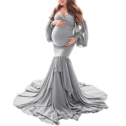 Kleider Sling Off Shoulder Umstandskleid Fotografie Chiffon Baumwolle Lange Schwangerschaft Meerjungfrau Maxikleid Babyparty Fotoshooting Requisiten Neu