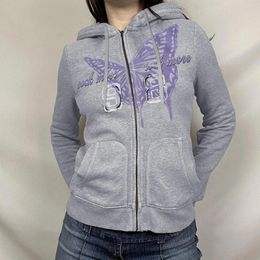 Women's Hoodies Vintage Full Zip Coat Butterfly Print Long Sleeve Classic Fit Sweatshirts Streetwear Jacket Outerwear