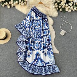 Casual Dresses Designer Off Shoulder Summer Long For Women Blue And White Porcelain Printing Asymmetry Ruffled Hem Loose Dress