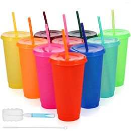 Disposable Cups Straws 10Pcs Color Changing Plastic With Lids And 710ml Cold Cup Brush Straw DIY Iced Coffee