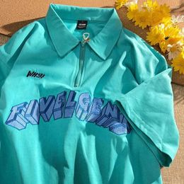 Men's T Shirts 2024SS Fashion Zipper Shirt Unisex American Lapel Loose Short-sleeved Tee Men Women Oversize Lake Blue Letter Embroidery