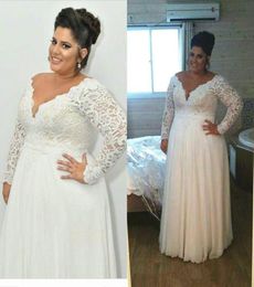 Bohemian Plus Size Wedding Dresses 2021 Cheap Long Sleeve V Neck A Line Lace Bridal Gowns Floor Length Beach Wedding Dress3238427