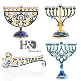 H&D Hand Painted Enamel Floral Hanukkah Menorah Candlestick 9 Branch Candelabra Embellished with Crystals Star of David Hamsa295h