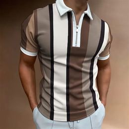 2023 Mens Summer Polo Shirt Mens Daily Short sleeved Striped Golf Flat Mens Shirt Flip Collar Zipper T-shirt 240313