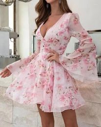 Casual Dresses Romantic Style 2024 For Women's Spring Summer A Line Dress Long Sleeve Floral Print Bell Plunge Daily Vacation