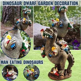 Sculptures Garden Dinosaur Eating Gnome Statues Funny Resin Figurines Outdoor Sculpture Decor for Garden Patio Lawn Yard Ornament Decor