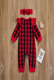 Jumpsuits Baby Girls Children039s Christmas Jumpsuit With Headband Long Sleeve Red Plaid Hairband For Toddlers Gift8635262